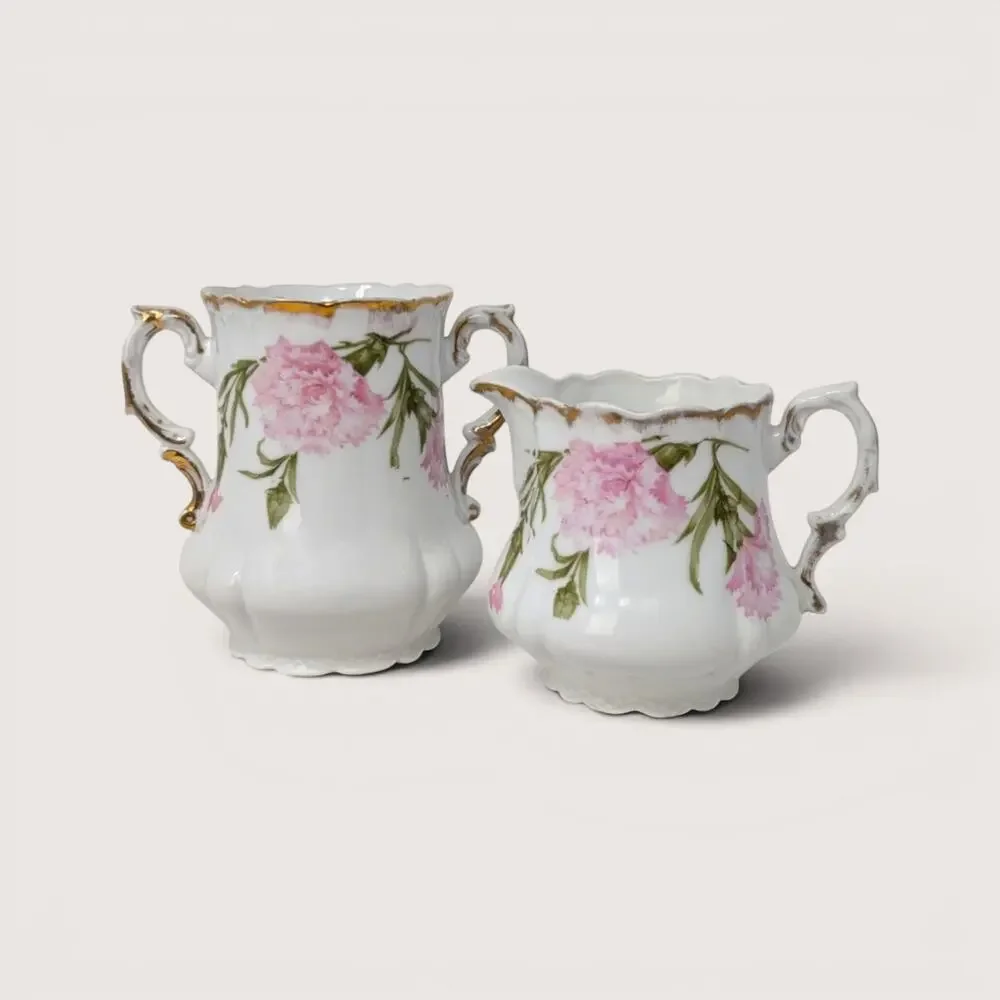 1910s Royal Bavarian PM Porcelain Creamer Sugar Bowl Pink Floral Set